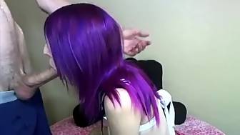 purple haired schoolgirl sucking